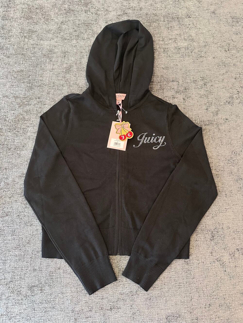 NWT Juicy Couture Black Fine Knit Full Zip Hoodie Medium Rhinestone Spellout Y2K